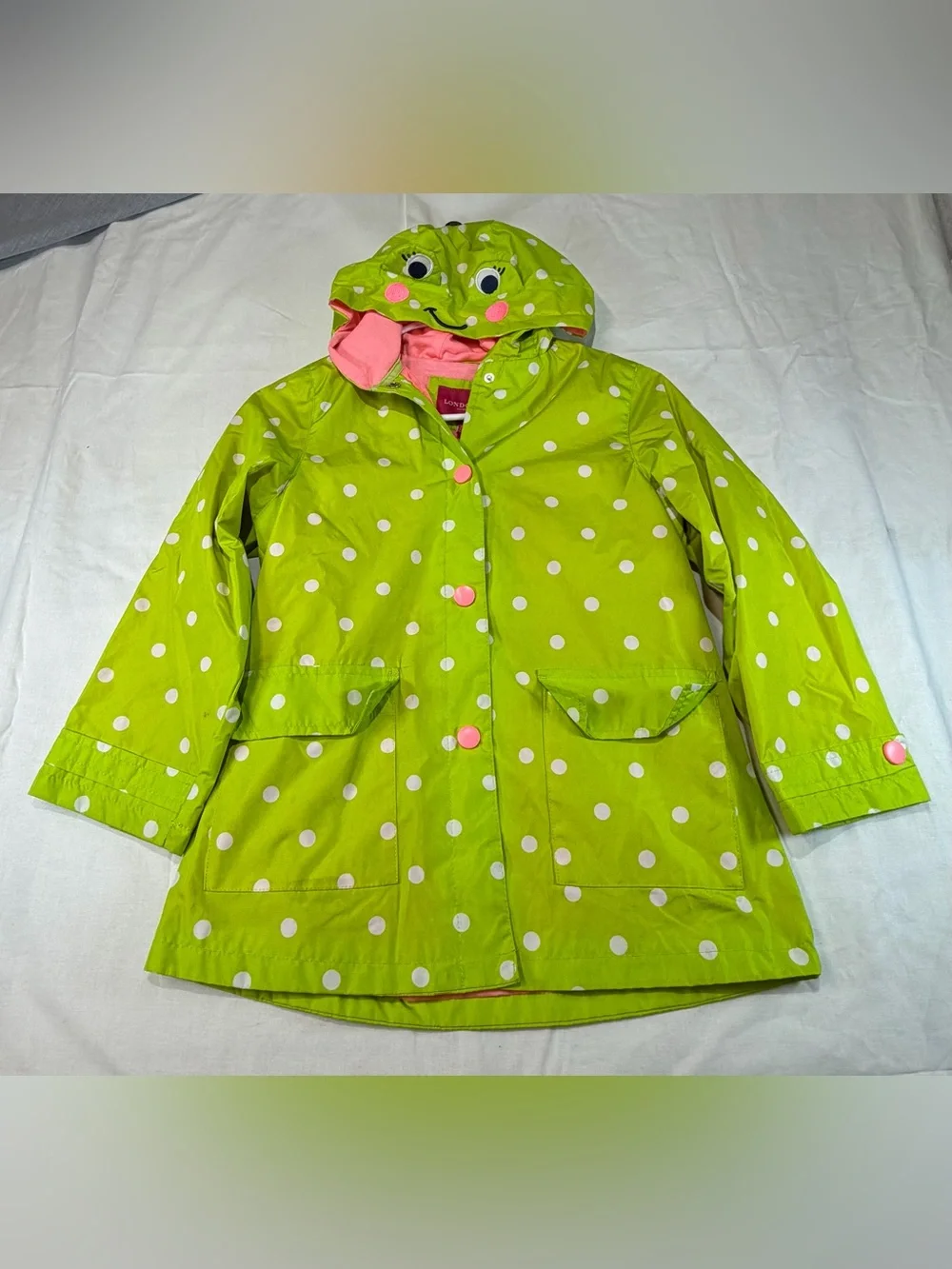 London Fog Lime Green Polka Dot Kids Raincoat with Frog Hood - Picture 1 of 9